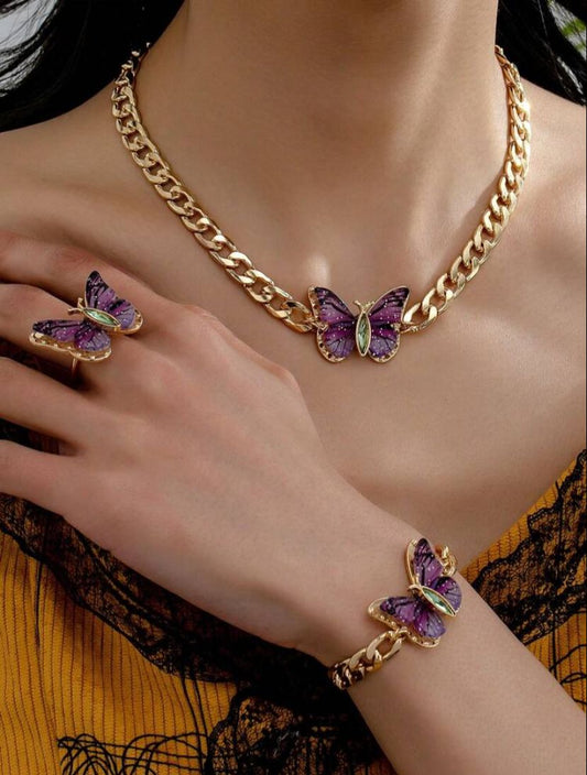 Luxurious And Elegant Starry Butterfly Necklace, Bracelet And Ring Set For Women.