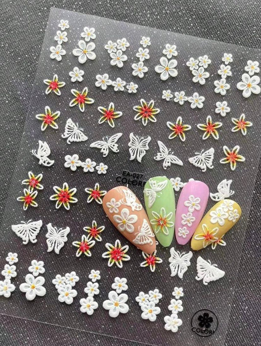 3D MATTE EMBOSSED FLOWER AND BUTTERFLY NAILART STICKERS