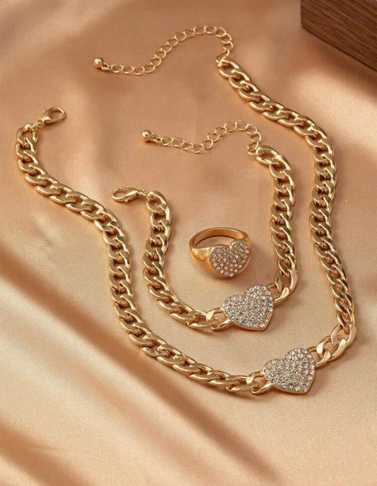 1set Women's Elegant Geometric Heart Diamond Inlaid Pendant Necklace & Bracelet And Heart Diamond Ring.